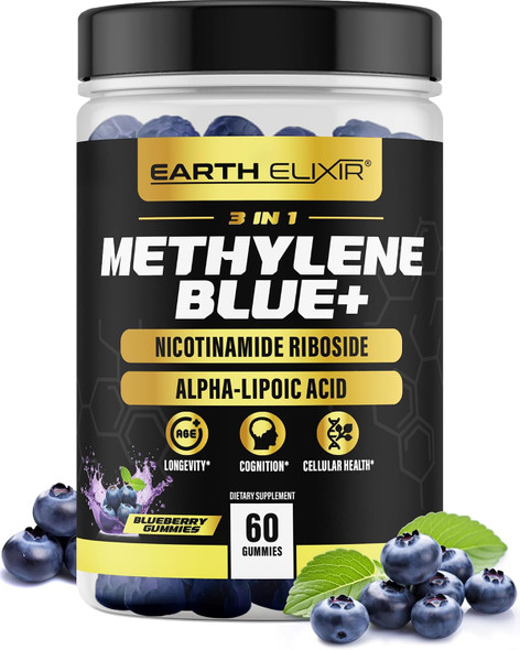 Earth Elixir 3-in-1 Methylene Blue Gummies  Methylene Blue Pharmaceutical Grade w/Alpha Lipoic Acid (ALA) and NAD Supplement for Energy Cognitive and Cellular Support – 2 Month Supply and 3rd Party Tested