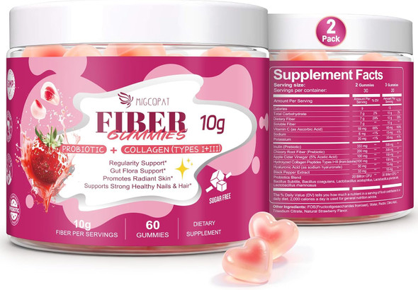 Migcopat 10G Fiber Gummies with Collagen Peptides, Hyaluronic Acid, Vitamin C, ACV, 30 Billion CFU Probiotics – Sugar Free Collagen Gummy for Skin, Hair & Nails – Digestive Health