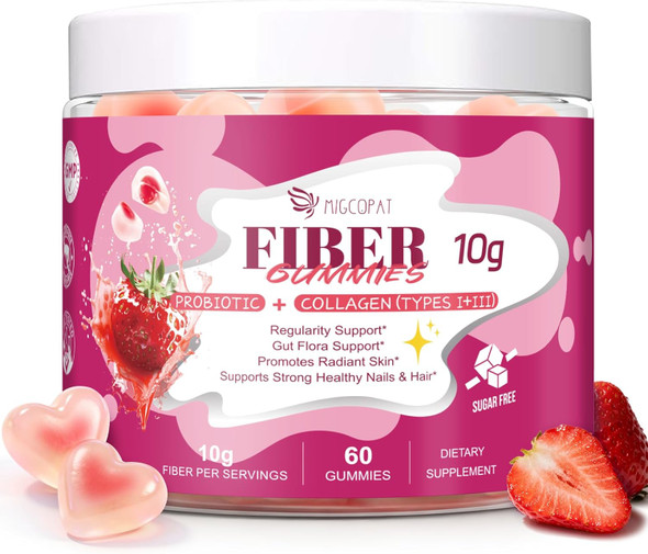 Migcopat 10G Fiber Gummies with Collagen Peptides, Hyaluronic Acid, Vitamin C, ACV, 30 Billion CFU Probiotics – Sugar Free Collagen Gummy for Skin, Hair & Nails – Digestive Health
