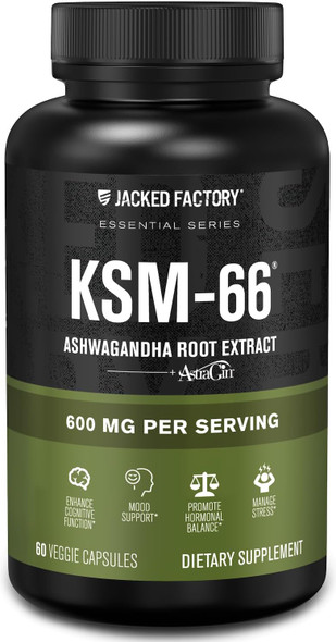 Jacked Factory Ashwagandha Root Extract KSM 66 Ashwagandha w/ 5% Withanolides Supplement for Natural Stress Relief Cognitive Function Veggie Capsules
