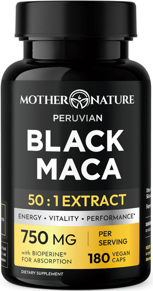 Mother Nature Organics Superfoods for Organic Living MNO Black Maca Root 50:1 750mg Organic Peruvian Maca  Vegan Capsules