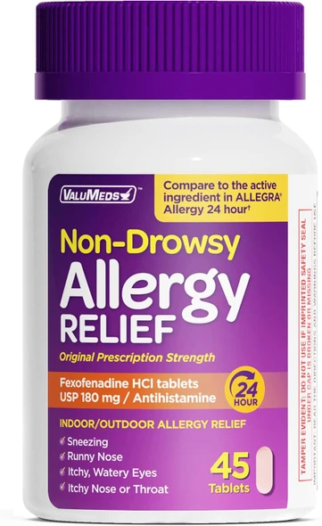 ValuMeds  Allergy Relief Fexofenadine Hydrochloride  Non-Drowsy Antihistamine Generic Medicine for Allergies Hay Fever Itchy Eyes for Kids Adults  Compare to Allegra