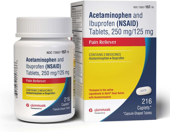 Glenmark Therapeutics Dual Action Acetaminophen 250mg and Ibuprofen Caplets Up to 8h of Pain Relief for Minor Aches and Pain