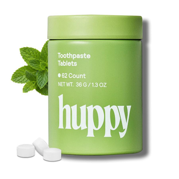 Huppy Toothpaste Tablets Nano Hydroxyapatite Fluoride Free and Plastic Free Natural Whitening Remineralizing SLS Free Travel Friendly Chewable Tabs Peppermint Flavor