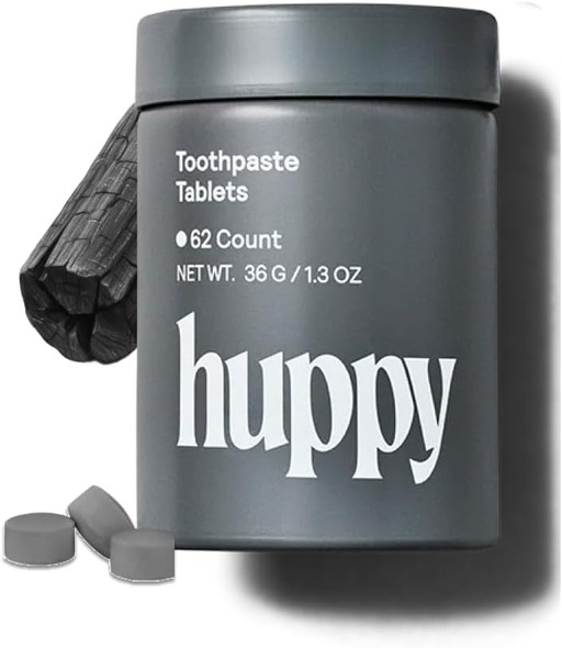Huppy Toothpaste Tablets Nano Hydroxyapatite Fluoride Free and  Plastic Free Whitening Remineralizing SLS Free Travel Friendly Chewable Tabs Charcoal Mint Flavor