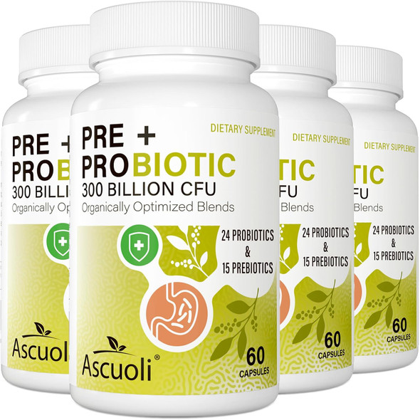 Ascuoli Prebiotics and Probiotics - 300 Billion CFU 24 Probiotic+15 Herbs