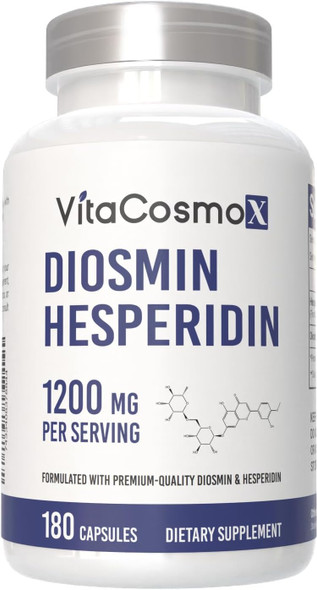 VitaCosmoX Diosmin Hesperidin 1200 mg Complex, 180 Capsules, Citrus Bioflavonoids Rich Fruit Extract, 100% Vegetarian, Non-GMO & Gluten Free Diosmin Supplement