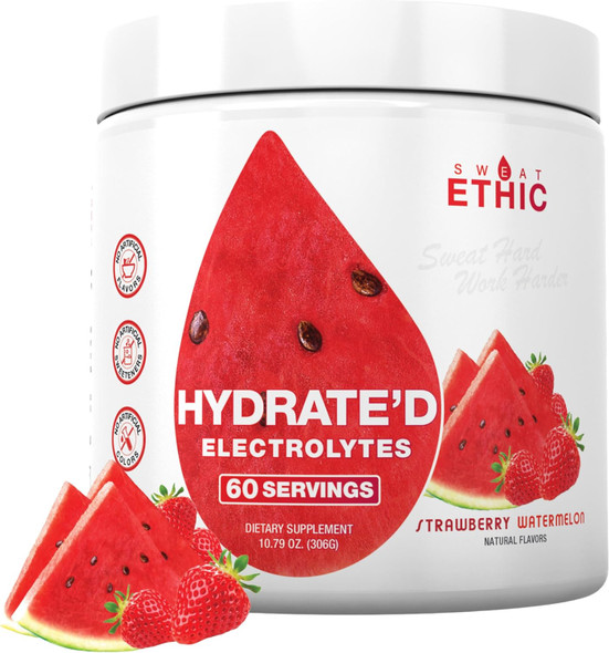 Sweat Ethic Hydrate’D Electrolytes, Electrolyte Powder with Potassium Magnesium & Vitamin C, Easy Mix Powder for Hydration & Performance Support, Natural Ingredients, 60 Servings - 12 Ounce