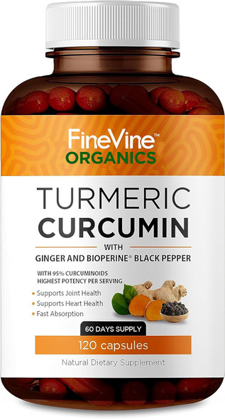 FineVine Organics Turmeric Curcumin Supplement – 95% Curcuminoids with BioPerine Black Pepper & Ginger – 240 Capsules for Joint Support & Mobility – High Absorption Tumeric Curcuma Pills