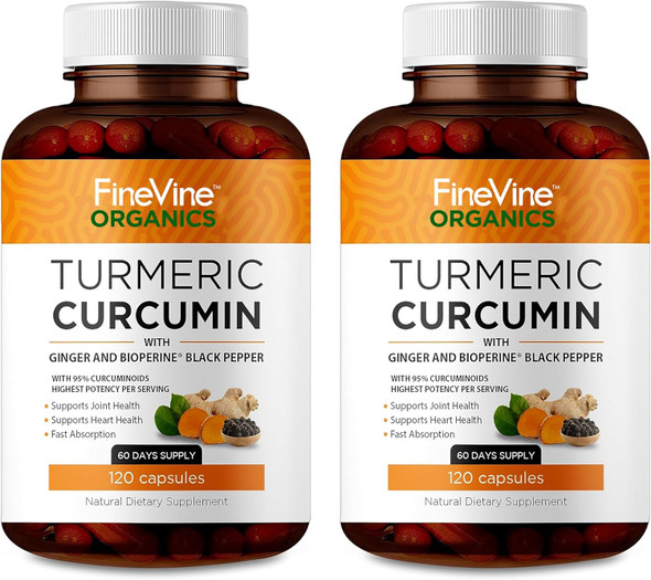 FineVine Organics Turmeric Curcumin Supplement – 95% Curcuminoids with BioPerine Black Pepper & Ginger – 240 Capsules for Joint Support & Mobility – High Absorption Tumeric Curcuma Pills