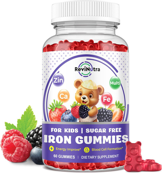 ReviNutra Iron Supplement Gummies for Kids  with Calcium Zinc Kids Multivitamin with Iron Gummies - Immune Support Blood Builder and Energy Support for Iron Deficiencyck Strawber 60 Gummies