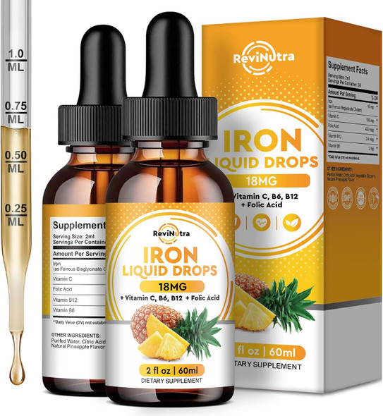 ReviNutra Liquid Iron Supplement for Women Men and Kids  Liquid Iron Drops with Folate Vitamin C, B6, B12 for Anemia Red Blood Cell Energy Support - Grape Flavor, 2 Fl Oz
