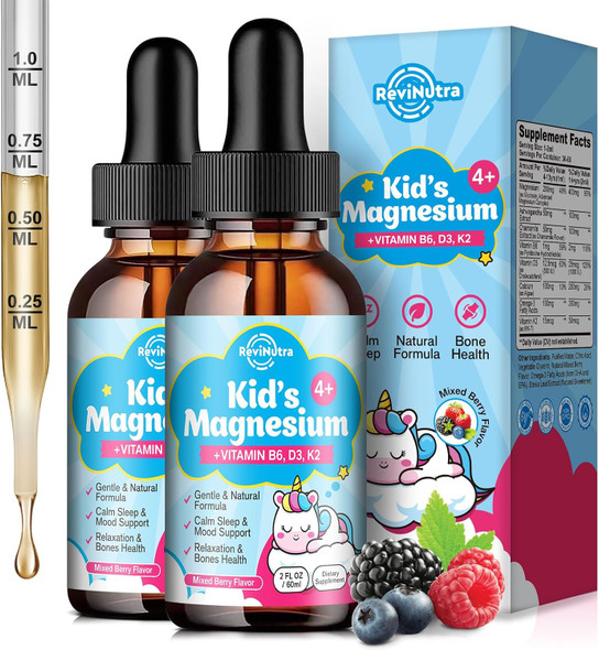 ReviNutra Kids Magnesium Glycinate Liquid Drops with Omega-3 Ashwagandha Vitamin B6 D3 K2 Calcium and Chamomile - Magnesium Drops for Kids Sleep Calm Focus Brain and Mood  Grape Flavor