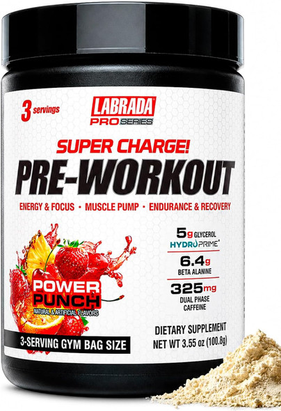 Labrada Pro Series Super Charge Pre-Workout Powder for Men & Women – Power Punch, 3-Serving Trial Size – 8g L-Citrulline, 5g Creatine, 325mg Caffeine, PeakO2® & TeaCrine® – Energy, Pump & Endurance - 3.55 Ounce