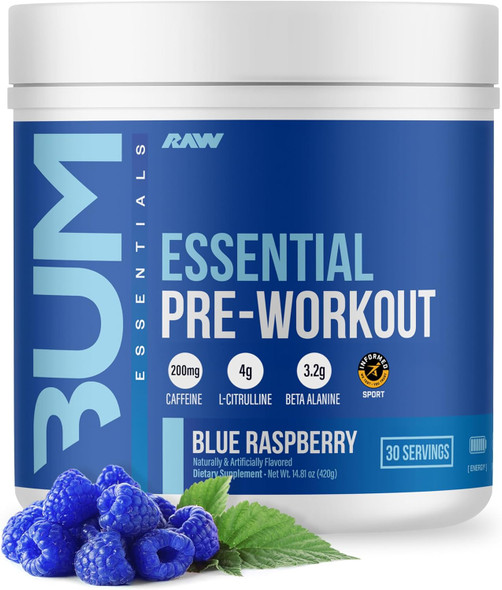 RAW Essential Pre-Workout Powder - Chris Bumstead Sports Nutrition Supplement for Men & Women - Preworkout Energy Powder with Caffeine, L-Citrulline, L-Tyrosine, & Beta Alanine Blend
