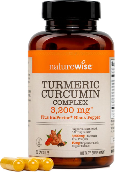 NatureWise Turmeric Curcumin 3200mg Supplement with BioPerine, 90 Capsules
