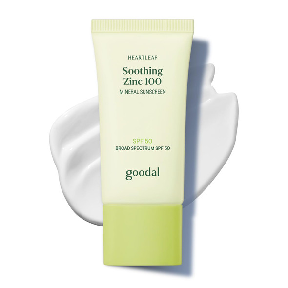 GOODAL Heartleaf Soothing Zinc 100 Mineral Sunscreen SPF 50, Zinc Oxide Korean Face Sunscreen for Sensitive & Acne-Prone Skin, No White Cast, Reef-Friendly, Vegan, Korean Skincare, 1.69 Fl Oz