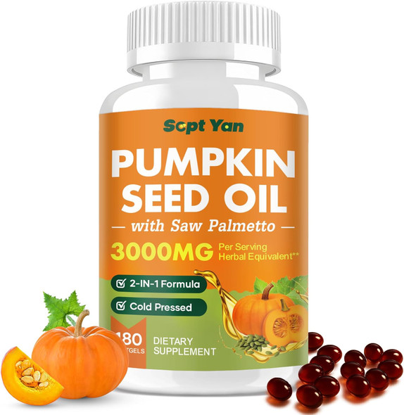 SEPT YAN Pumpkin Seed Oil with Saw Palmetto Capsules 3000mg Per Serving Pumpkin Seeds Oil Supplement Supports Immune Hair  Urinary Bladder  andProstate Health, Non-GMO