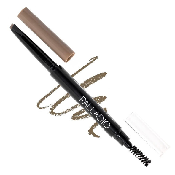 Palladio Brow Definer Retractable Pencil, Triangular Tip Fills Brows for a Natural Look, Tame and Shape Eyebrows with Spoolie Brush, Eyebrow Shaper, Buildable Light to Dark Colors