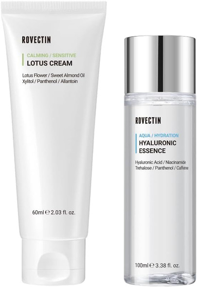 ROVECTIN 2-Step Hydrating & Calming Set – Aqua Hyaluronic Essence & Calming Lotus Cream with Niacinamide, Deep Moisturizing, Plumping, and Soothing Daily Routine, Vegan Korean Skincare Set
