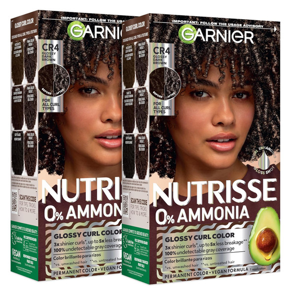 Garnier Nutrisse 0% Ammonia Glossy Curl Color Permanent Hair Dye for Curls Vegan Color For 100% Gray Coverage Curl-Protecting Formula with Enhancing Oil CR4 Glossy Dark Brown  pack of 2