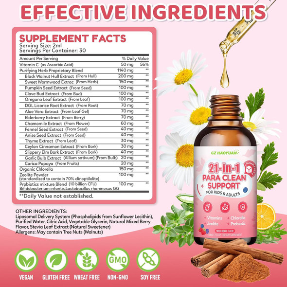 GZ HAOYUAN 21 in 1 Parasite Cleanse for Humans & Kids Herbal Gut Cleanse Liquid Drops – Wormwood Black Walnut Zeolite Chlorella 10B Probiotics & Clove,Support Digestive Health Detox,Mixed Berry Flavor - 2 Fl Oz (Pack of 2)