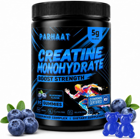 Parhaat NSF Certified Creatine Gummy - Creatine Monohydrate Gummies 5g for Men & Women - Boost Focus,Strength, and Endurance, Vegan, Gluten-Free, Non-GMO, 2.5 Gram Creatine per Gummy - 90 ct