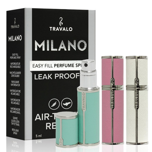 Travalo Milano Perfume Atomizer - Leak-Proof and TSA Approved for Air Travel - Reusable, Airtight, Easy Fill Mini Pump Sprayer - Lightweight Vegan Leather with Polished Metal Outer Shell - Black