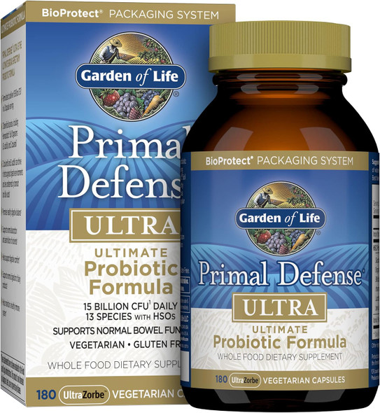 Garden of Life Probiotics for Digestive Health and Gut Health Balance, Primal Defense Ultra Ultimate Formula, 15 Billion CFU and 13 Strains Plus HSOs, Vegetarian and Gluten Free