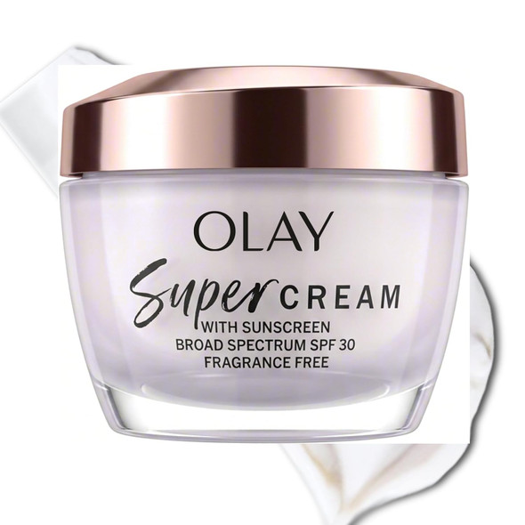 Olay Super Cream with Sunscreen SPF 30 Trial Size Lightweight Face Moisturizer with Sun Protection 5-in-1 Skin Care Benefits  Hydrating Brightening Firming - Niacinamide Vitamin C 15 mL