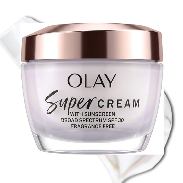 Olay Super Cream with Sunscreen SPF 30 Trial Size Lightweight Face Moisturizer with Sun Protection 5-in-1 Skin Care Benefits  Hydrating Brightening Firming - Niacinamide Vitamin C 15 mL