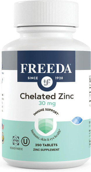 Freeda Chelated Zinc 30mg  TRAACS® Zinc Bisglycinate for High Absorption  Vegan Kosher Gentle on Stomach  Immune Support for Adults Men & Women