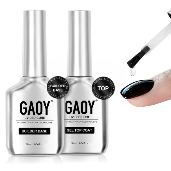 GAOY Glossy Gel Top Coat and Builder Base Set, 2 Pcs 16ml Glassy Top Coat and Clear Rubber Base Nail Strengthener Combination for UV Light Cure Gel Nail Polish