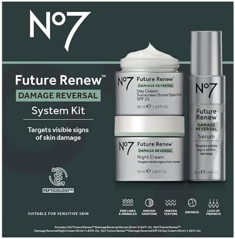 No7 Future Renew Damage Reversal Skincare Set - Anti Aging Face Serum (.33 Fl Oz), Day Cream with SPF 25 (1.69 Fl Oz) & Night Cream (1.69 Fl Oz) - Reverses Visible Signs of Sun Damage - 3-Piece Set