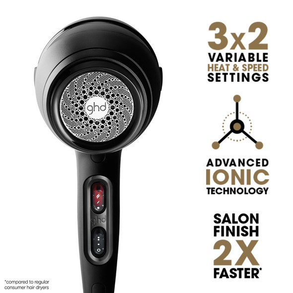 ghd Air Hair Dryer — 1600w Professional Blow Dryer Salon Strength Motor Concentrator Nozzle Adjustable Temperature Setting and Ionic Technology for Super-Fast Drying — Black