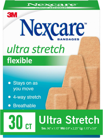Nexcare Heavy Duty Flexible Fabric Bandages, Assorted Sizes, 30 Count, Latex-Free, Durable Adhesive Bandages for First Aid and Wound Care