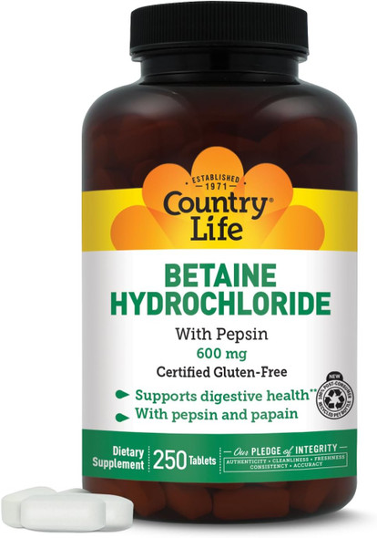 Country Life Betaine Hydrochloride with Pepsin, 600mg