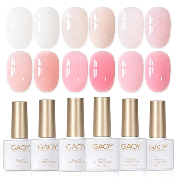 GAOY 6 Colors Rubber Base Gel Set, Jelly Builder Base Nail Gel Nude Sheer White Pink, 2-in-1 Soak Off Nail Strengthener, Blush Jelly
