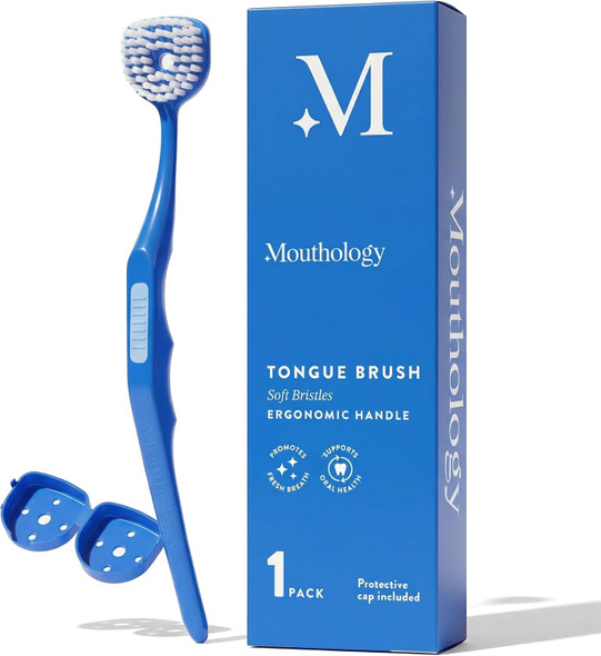 Soft Bristle Tongue Brush for Adults for Bad Breath Halitosis & Oral Hygiene Tongue Scraper Brush with Ergonomic Handle & Protective Cap for Easy Storage & Travel