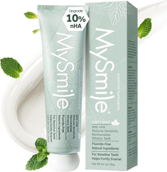MySmile Fluoride Free Nano Hydroxyapatite Toothpaste for Sensitive Teeth Strengthens Enamel Remineralizes & Whitens Teeth Freshens Breath for Adults SLS Free Natural Misty Mint