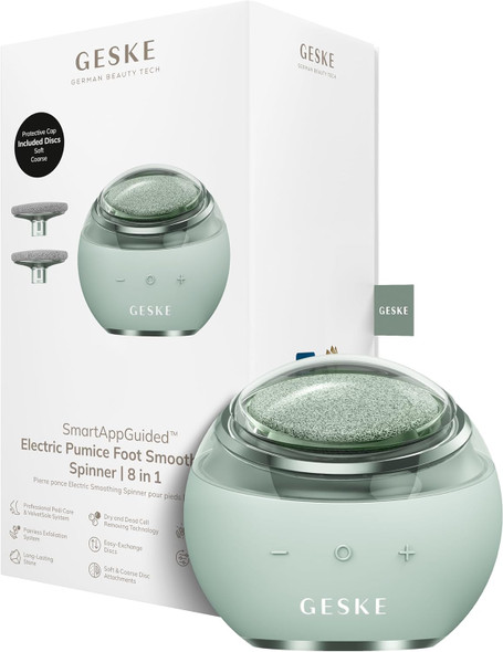 GESKE Electric Pumice Foot Smoothing Spinner | 8 in 1 | Electric Foot File & Exfoliator with Soft & Coarse Attachments | Long-Lasting Pumice Stone | for Smooth Feet & Pedicure | Expert Callus Removal