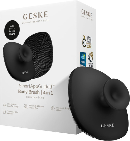 GESKE Body Brush | 4 in 1 | Cleansing Brush for the Entire Body | Professional Deep Cleaning | Soft Silicone Bristles | Ergonomic Two-Finger Design | Cleanses & Massages