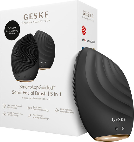 GESKE SmartAppGuided Sonic Facial Brush 5 in 1 | Vibrating Electric Cleansing Brush | Soft Silicone | Professional Cleanser | Skin Exfoliator | Face Massager