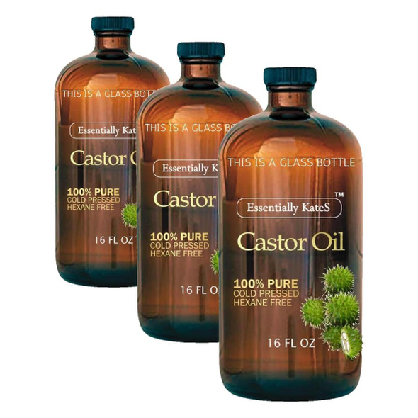 Essentially KateS Castor Oil 16 Fl Oz (Glass Bottle) Original A Huge Glass Bottle with a Pump  100% Pure and Natural Cold Pressed and Hexane Free Hair and Body