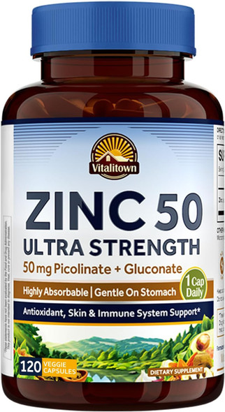 Vitalitown Chelated Zinc 50 mg, Zinc Picolinate & Gluconate, 60 Veggie Capsules, Well-Absorbed, Immune System, Healthy Skin & Development, Vegan, NO Gluten, Non-GMO