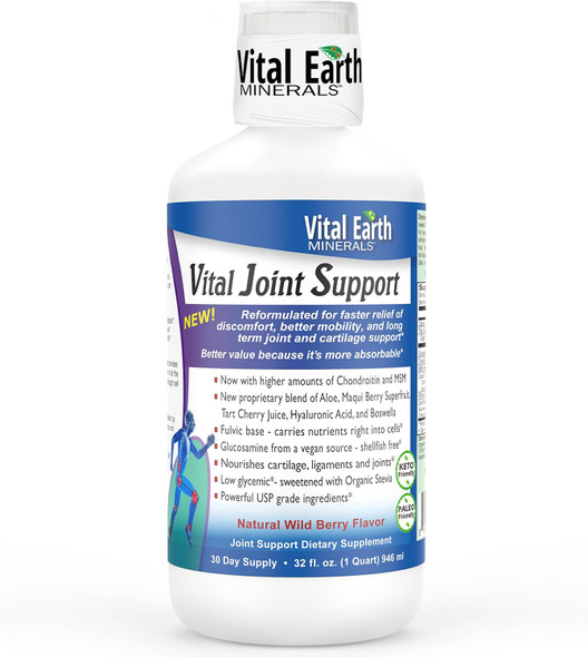 Vital Earth Liquid Joint Support Supplement – Glucosamine, Chondroitin, MSM Plus Hyaluronic Acid, Boswellia & Fulvic Acid (70+ Trace Minerals), 32 Oz + 1 Oz Cup