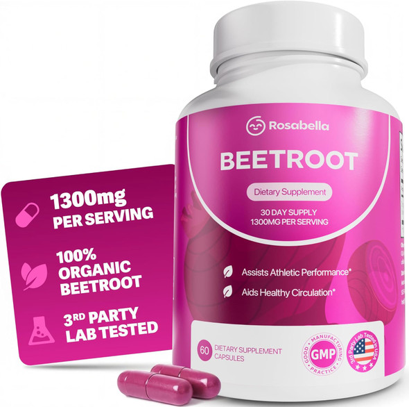 Rosabella Organic Beet Root Capsules - 1300mg Beet Root Powder Aids Healthy Circulation & Vitality, Non-GMO, Beet Root Supplement