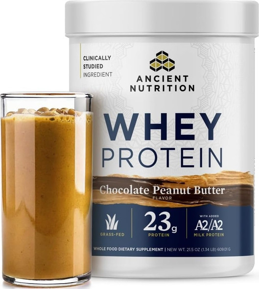 Ancient Nutrition Grass Fed Whey Protein, Collagen - Chocolate Peanut Butter - 18 Servings