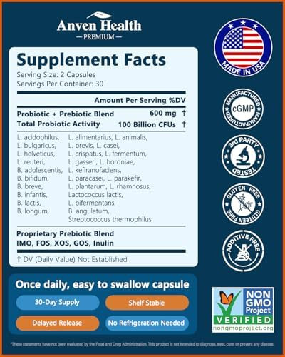 Anven Health Probiotics for Men Women 100 Billion CFU Prebiotics Gut, USA