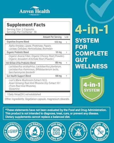 Anven Health Digestive Enzymes for Women Men 100B CFU Probiotics 8 Enzymes - 60 Count